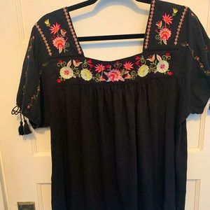 Black Boho embroidered peasant blouse